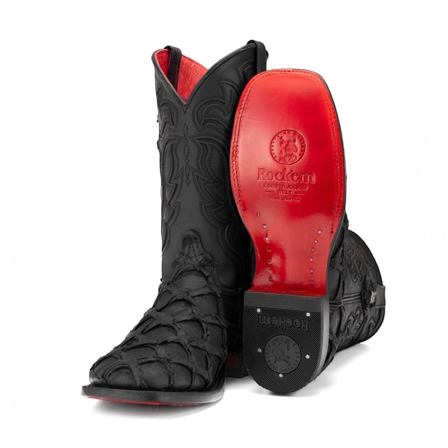 Rock’ Em Men’s Black Pirarucu Red Bottom Square Toe Boot