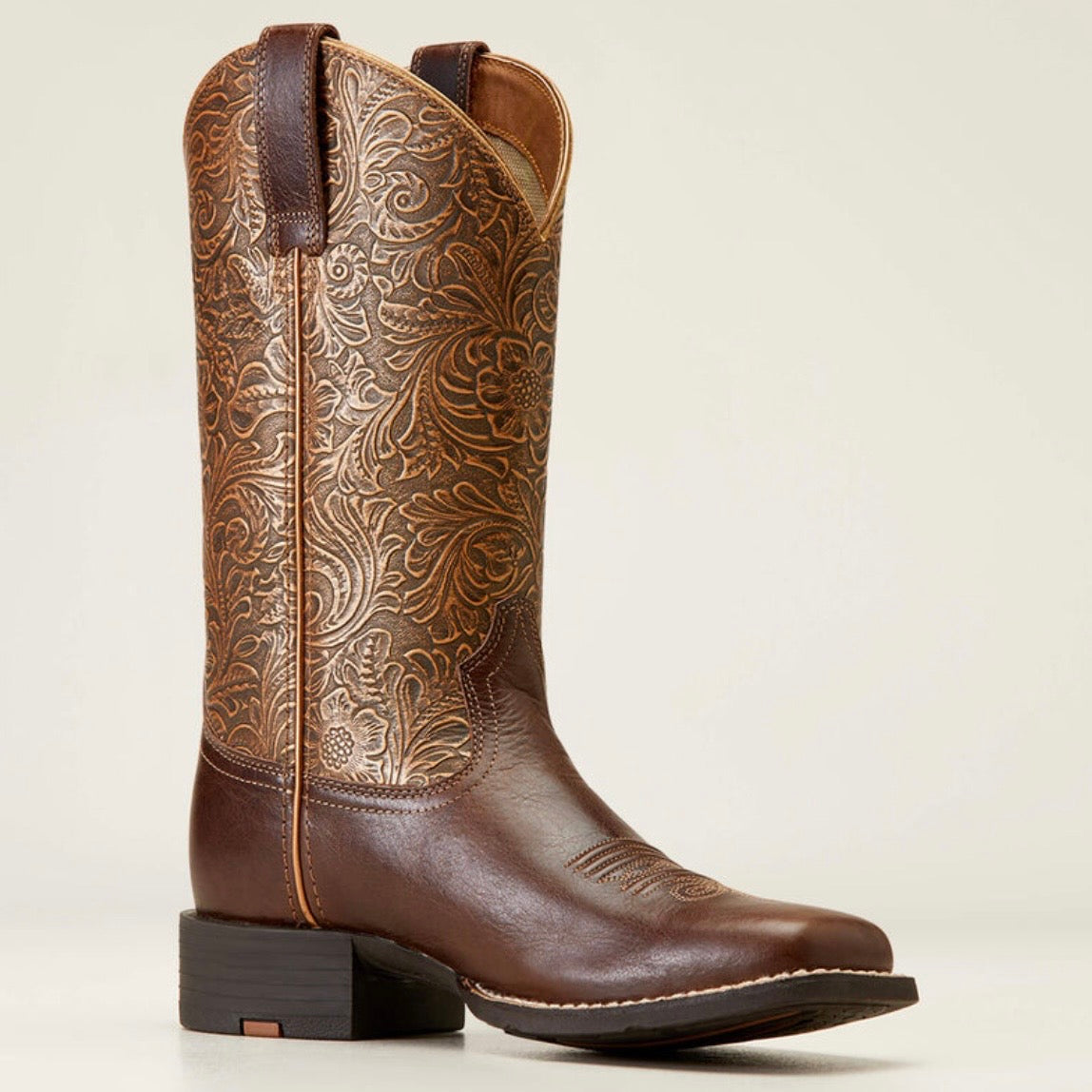 Women’s Ariat Round Up Wide Square Toe Western Boot Arizona Brown Copper Floral Embossed