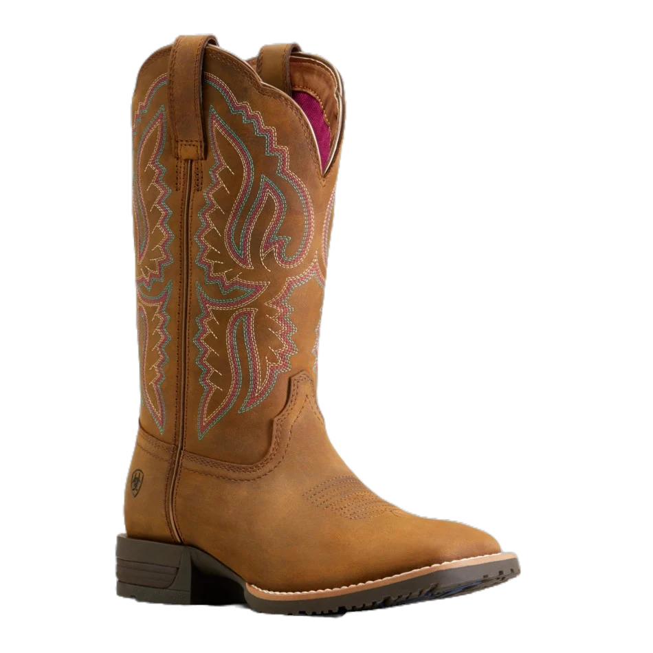 Women’s Ariat Hybrid Ranchwork Wide Square Toe Western Boot Distressed Tan