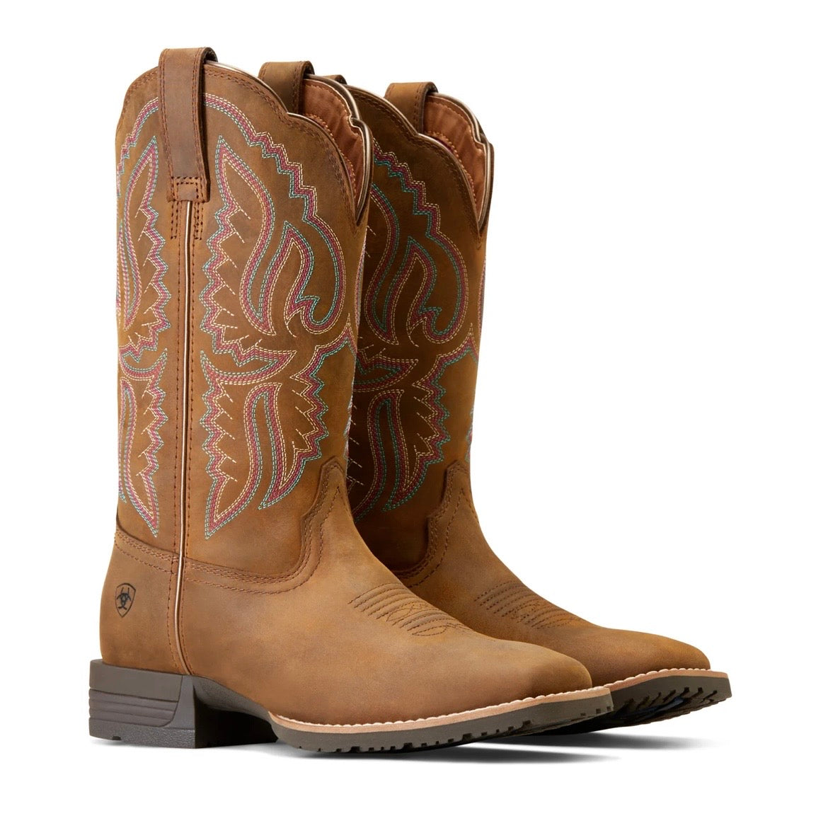 Women’s Ariat Hybrid Ranchwork Wide Square Toe Western Boot Distressed Tan