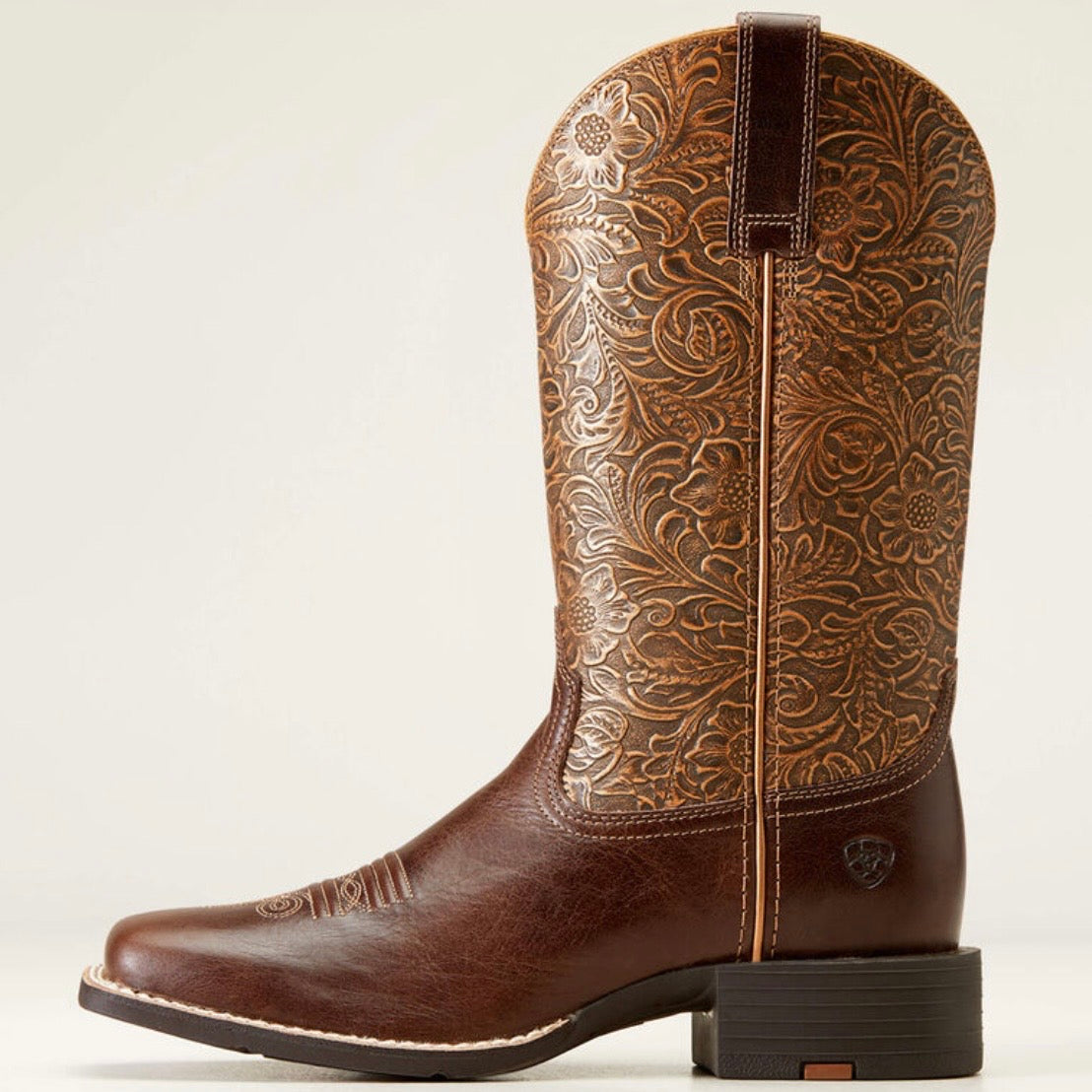 Women’s Ariat Round Up Wide Square Toe Western Boot Arizona Brown Copper Floral Embossed