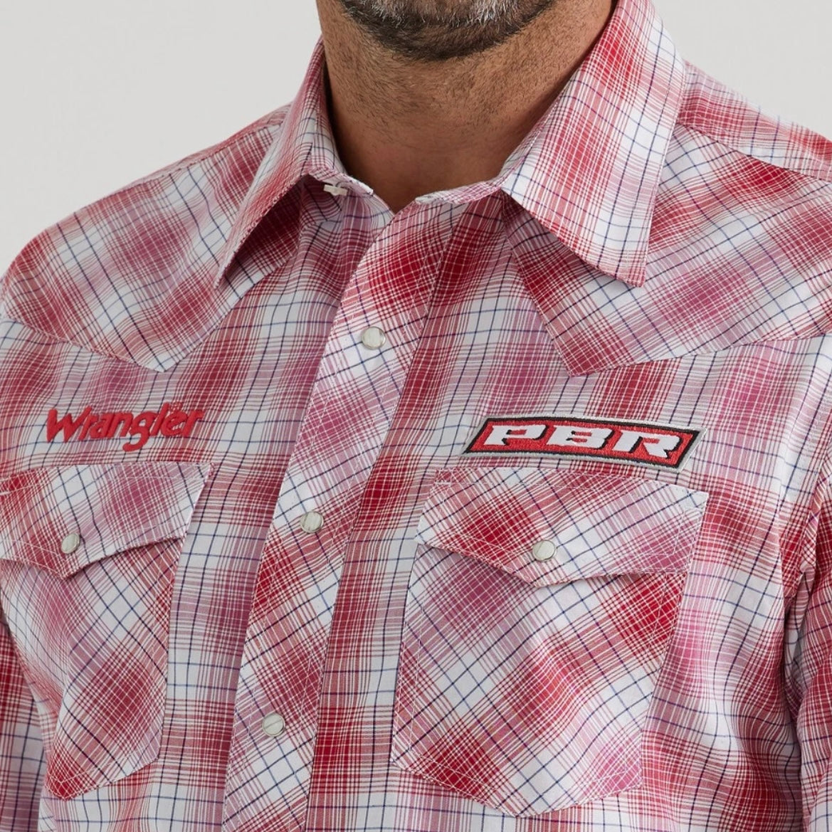 Men’s Wrangler Western Snap Shirt PBR Logo Red Plaid
