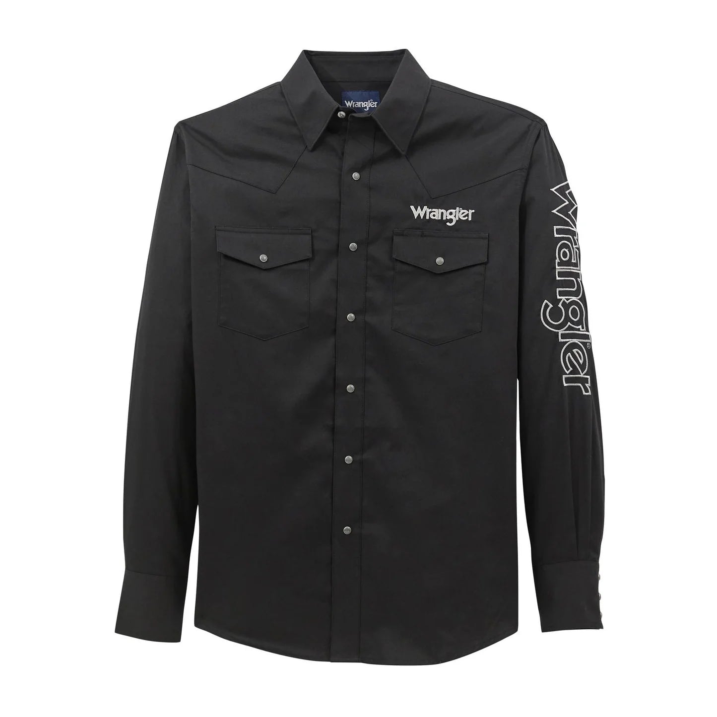 Men’s Wrangler Graphic Logo Western Snap Button Down Shirt Black and Silver